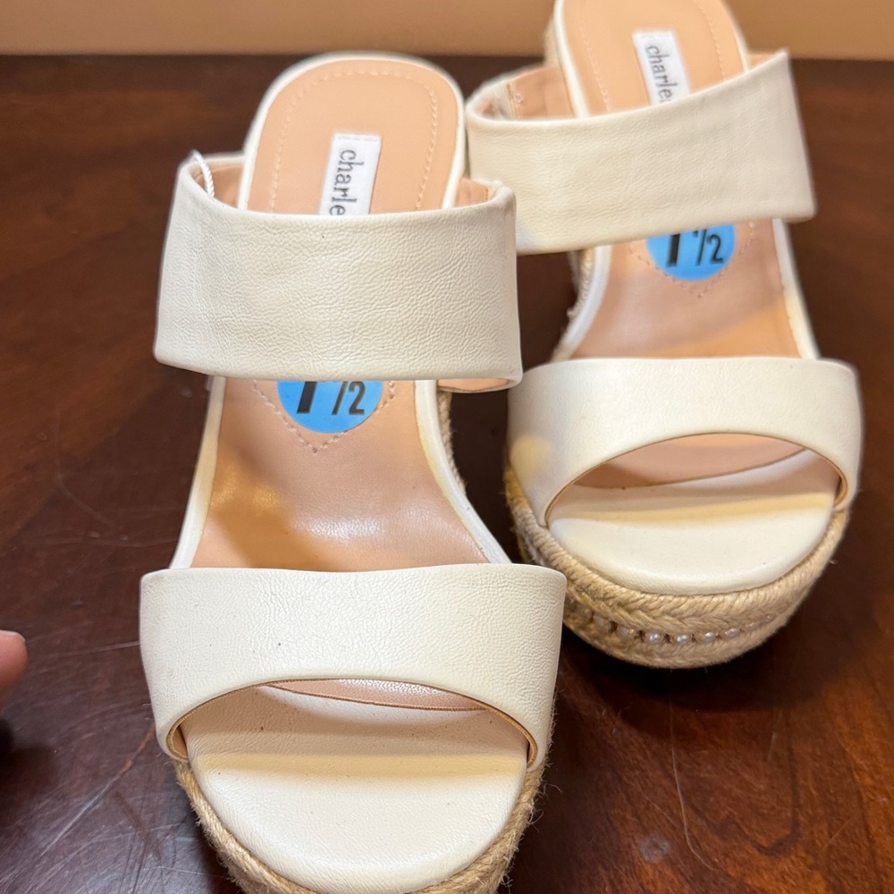 Charles & Keith Cream Double-Strap Espadrille Wedge Sandals